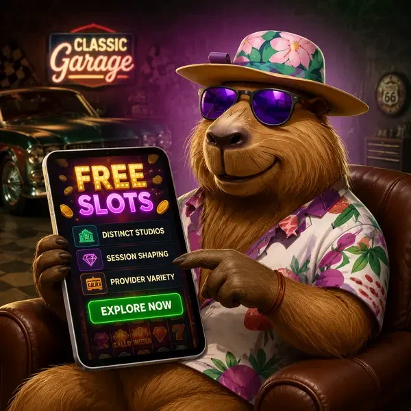 Fröhliches Capybara tippt auf Free Slots auf Tablet bei LazyBar Casino Gaming-Garage