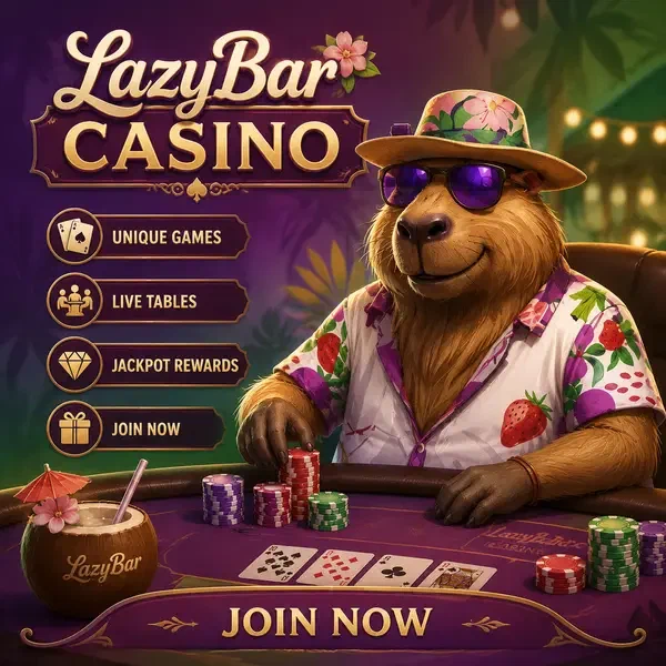 LazyBar Casino Spiele Capybara entspannt an Live-Tischen mit lila Fliegerbrille und Chips