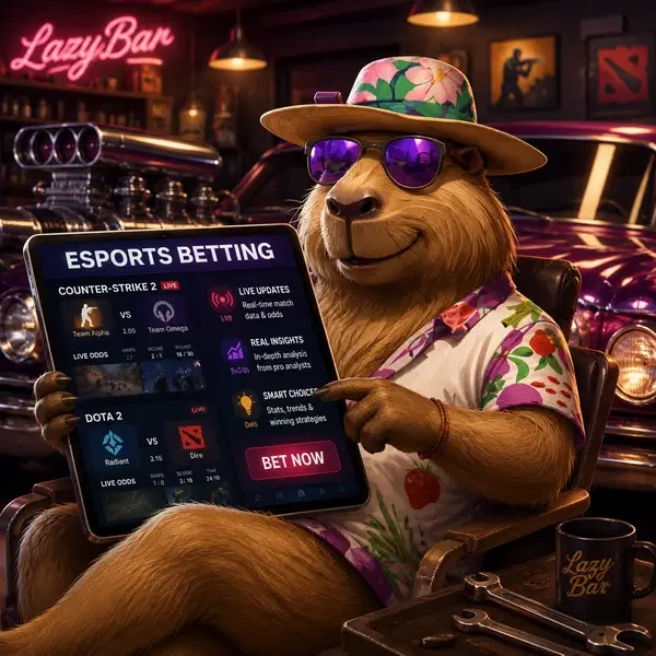 LazyBar Capybara analysiert Esports-Daten auf Tablet in Vintage-Garagen-Workspace