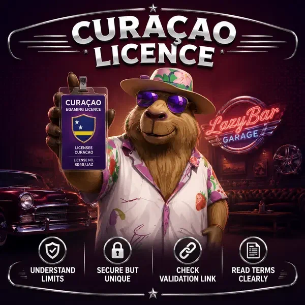 LazyBar Capybara präsentiert Curaçao-Lizenzabzeichen in seinem Garagen-Lounge-Setup