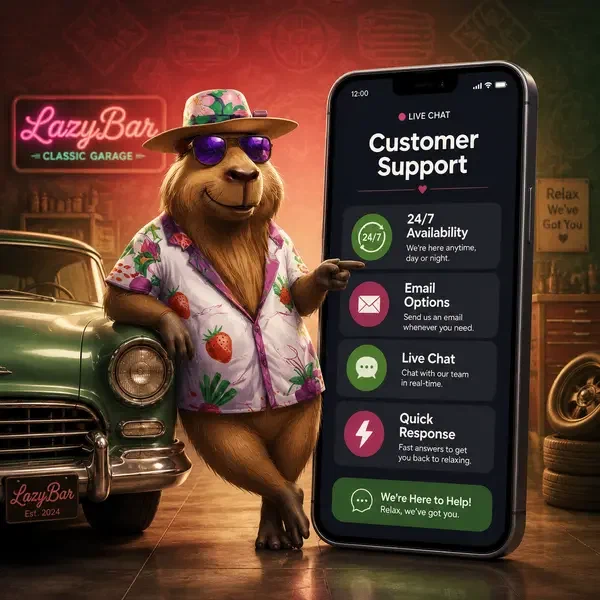 LazyBar Kundensupport Capybara zeigt auf Smartphone mit Live-Chat-Benachrichtigungen in Garage