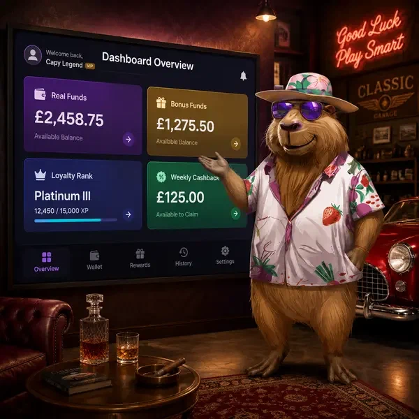 Freundliches Capybara zeigt auf LazyBar-Konto-Login-Dashboard mit Guthaben und Prämien