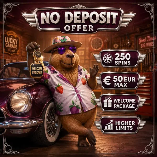 LazyBar Capybara bietet Schlüssel zum Bonus ohne Einzahlung an, während er sich an Vintage-Auto lehnt