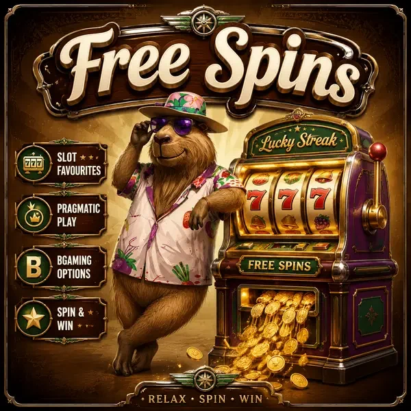 LazyBar Capybara lehnt sich an leuchtenden Spielautomaten, der Freispiele anbietet