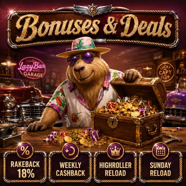LazyBar Capybara untersucht Schatztruhe voller Bonusmünzen und Promotionen
