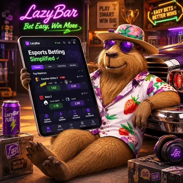 LazyBar Capybara erkundet Esports-Wettmärkte auf leuchtendem Tablet in Chrom-Garage