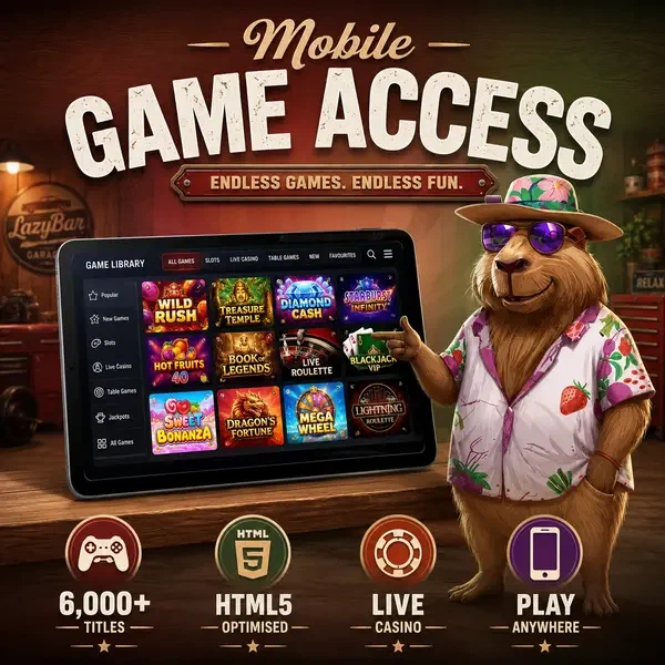 LazyBar Capybara präsentiert Mobile-App-Bibliothek mit 6.000+ Spielen auf leuchtendem Tablet