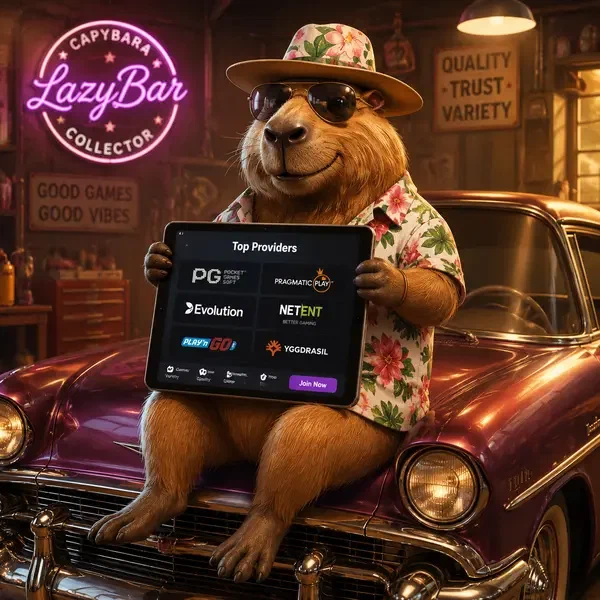 Entspanntes Capybara durchsucht Top-Software-Anbieter bei LazyBar Casino auf Vintage-Tablet