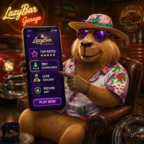 LazyBar Mobile-App leuchtet auf Smartphone-Bildschirm mit angezeigten Gaming-Funktionen