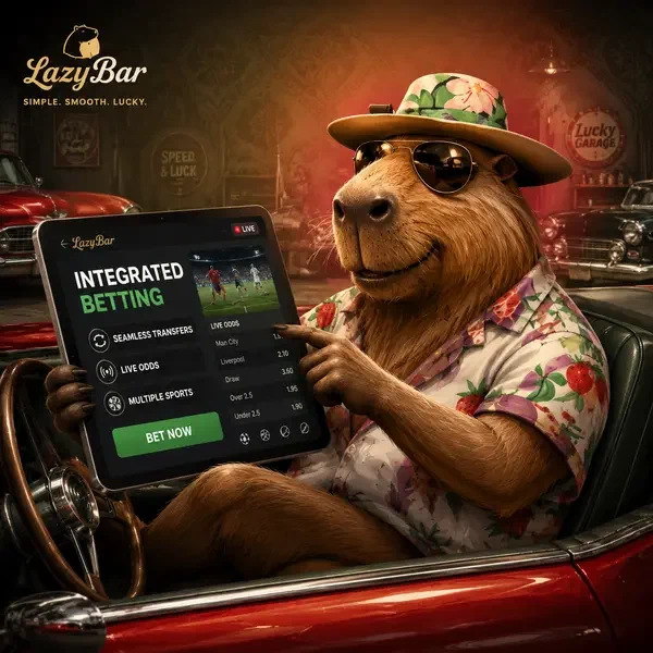 LazyBar Sportwetten Capybara entspannt in Vintage-Auto, Sportwetten auf Tablet mit Live-Quoten