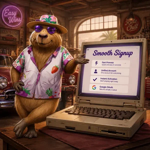 Entspanntes Capybara gestikuliert in Richtung LazyBar-Registrierungs-Laptop in sonnenbeschienener Garage