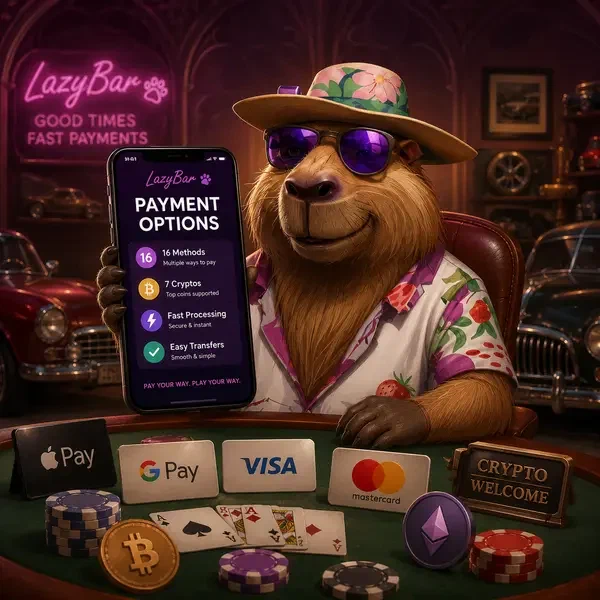 Capybara in lila Fliegerbrille erkundet LazyBar-Zahlungsmethoden mit Smartphone, das Krypto-Optionen anzeigt